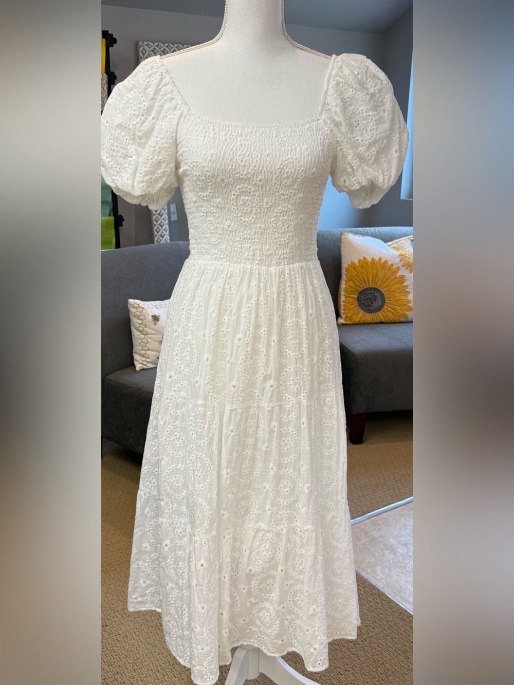 HYFVE White Eyelet Smocked Bodice Puff Sleeve Dress